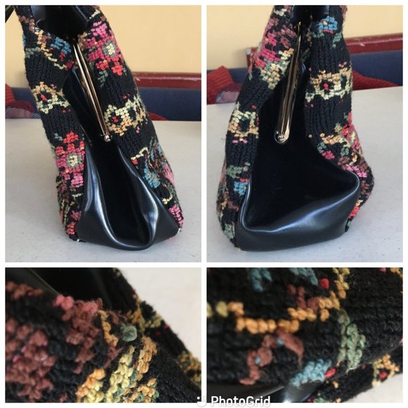 Vintage 50s 60s Needlepoint Tapestry Carpet Bag Black Colorful Floral Purse - Picture 4 of 16